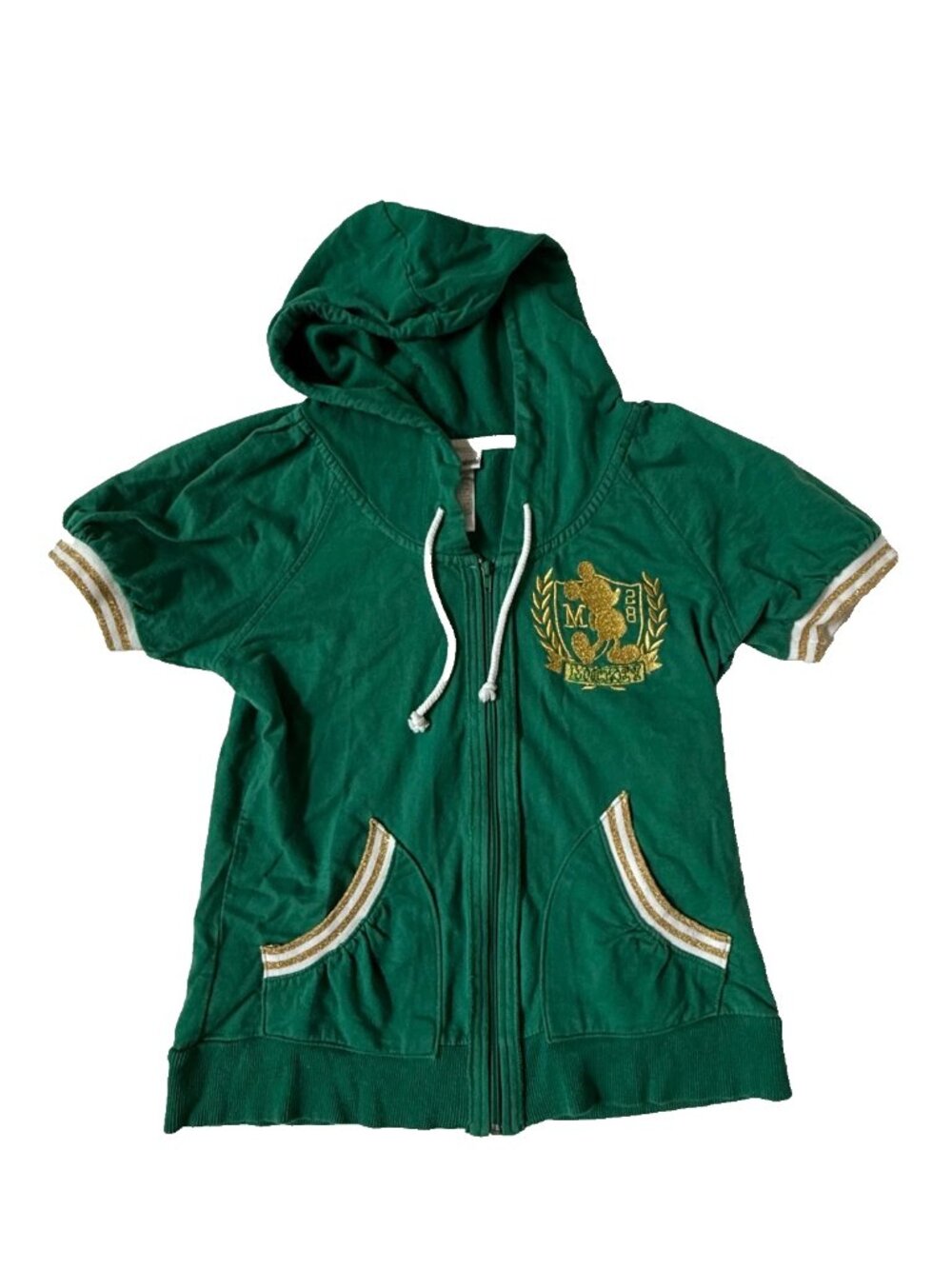 Disneyland Womens M Green Gold Hoodie Mickey Mouse Full Zip Short Sleeve Jacket